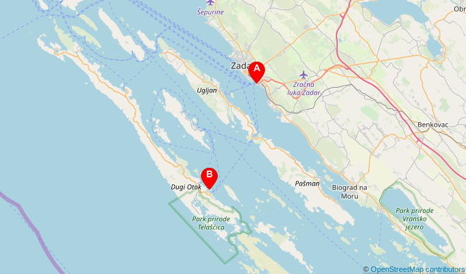 Map of ferry route between Zadar and Sali